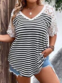 SHEIN LUNE Camiseta de rayas con encaje en contraste - Blanco y Negro - Ver 3
