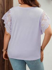 SHEIN LUNE Camiseta con encaje en contraste de manga mariposa - Púrpura malva - Ver 2