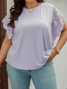 SHEIN LUNE Camiseta con encaje en contraste de manga mariposa - Púrpura malva - Ver 3