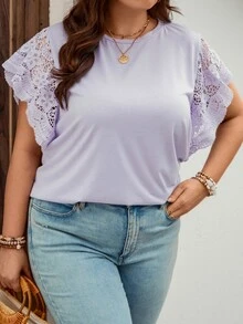 SHEIN LUNE Camiseta con encaje en contraste de manga mariposa - Púrpura malva - Ver 4