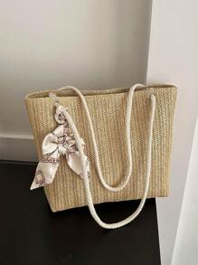 Small Straw Bag Skinny Scarf Decor Double Handle For Vacation - Khaki - View 1