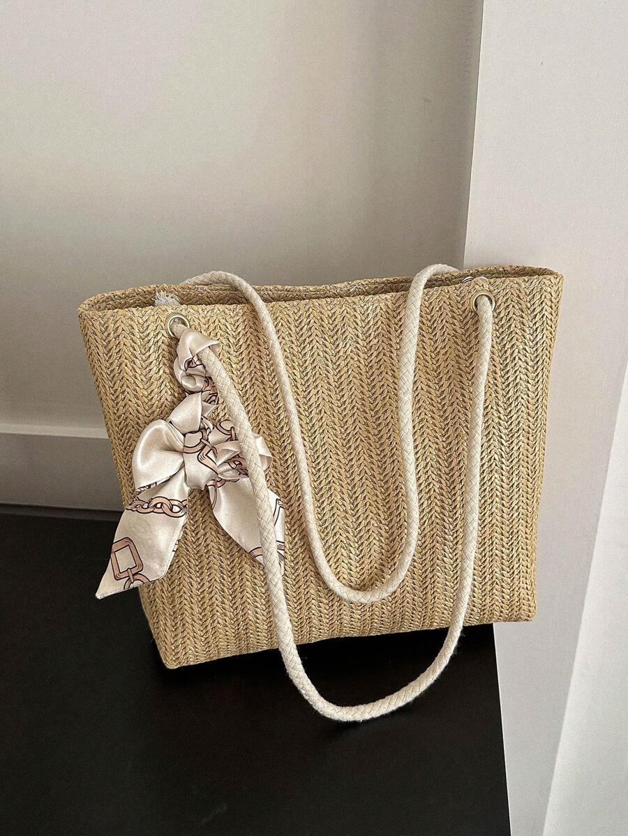 Small Straw Bag Skinny Scarf Decor Double Handle For Vacation - Khaki - View 1