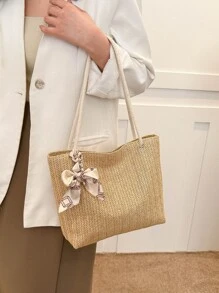 Small Straw Bag Skinny Scarf Decor Double Handle For Vacation - Khaki - View 2