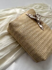 Small Straw Bag Skinny Scarf Decor Double Handle For Vacation - Khaki - View 6
