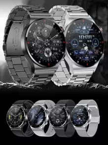 1pc Men Women Stainless Steel Strap Sporty Heart Rate Monitor Sleep Tracking Water Resistant Round Dial Smart Watch, Compatible With Androids iphone - Black - View 1