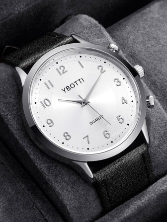 ybotti 1 pièce Montre à quartz ronde avec cadran mode, bracelet en PU (polyuréthane) noir, pour la vie quotidienne en tant que cadeau pour les étudiants retournant à l'école