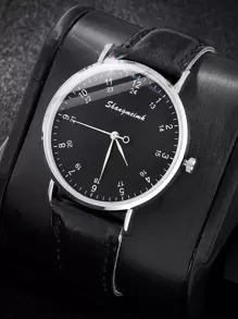 SHANGMEIMK 1入組黑色PU聚氨酯帶時尚圓形錶盤石英表,適用於日常生活 - 黑色 - 查看 1