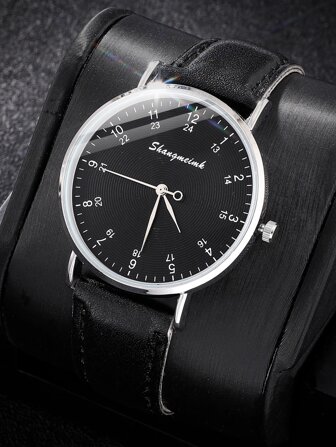 SHANGMEIMK 1 pieza Reloj cuarzo de esfera negro poliuretano PU con tira moda redondo, para vida diaria