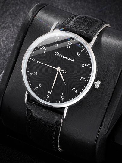 SHANGMEIMK 1入組黑色PU聚氨酯帶時尚圓形錶盤石英表,適用於日常生活