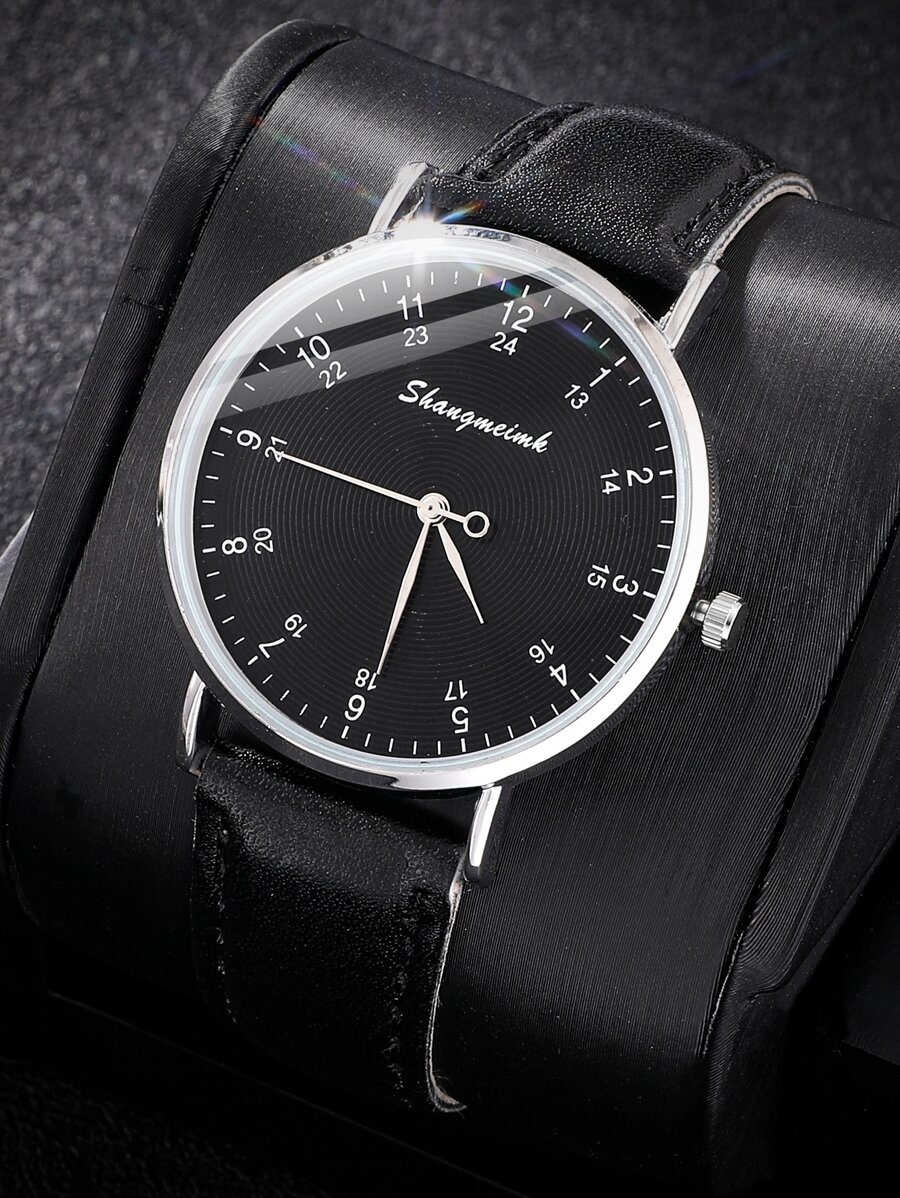 SHANGMEIMK 1入組黑色PU聚氨酯帶時尚圓形錶盤石英表,適用於日常生活 - 黑色 - 查看 1