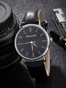 SHANGMEIMK 1入組黑色PU聚氨酯帶時尚圓形錶盤石英表,適用於日常生活 - 黑色 - 查看 2