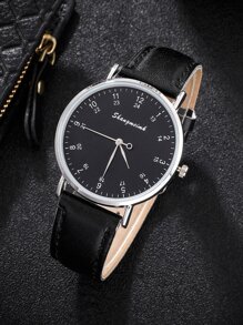 SHANGMEIMK 1入組黑色PU聚氨酯帶時尚圓形錶盤石英表,適用於日常生活 - 黑色 - 查看 3