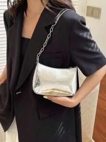 Mini Crocodile Embossed Hobo Bag Silver Chain Strap - Silver - View 3