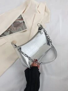 Mini Crocodile Embossed Hobo Bag Silver Chain Strap - Silver - View 7