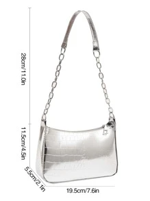 Mini Crocodile Embossed Hobo Bag Silver Chain Strap - Silver - View 8