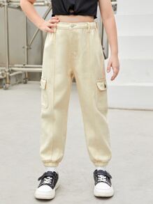 女孩側翻蓋口袋工裝牛仔褲 - 杏色 - 查看 1