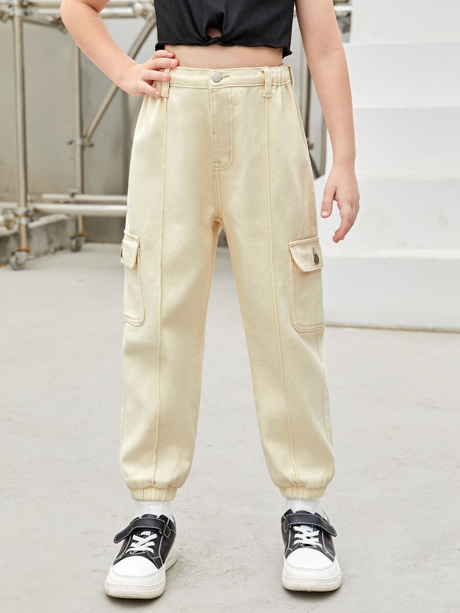 女孩側翻蓋口袋工裝牛仔褲 - 杏色 - 查看 1