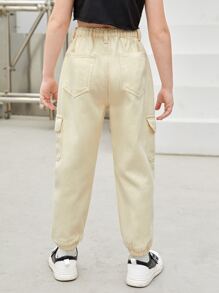 女孩側翻蓋口袋工裝牛仔褲 - 杏色 - 查看 2