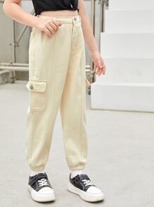 女孩側翻蓋口袋工裝牛仔褲 - 杏色 - 查看 3