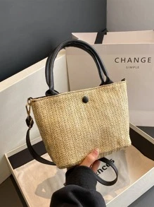 Small Straw Bag Khaki Minimalist Double Handle For Vacation - Khaki - View 1
