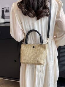 Small Straw Bag Khaki Minimalist Double Handle For Vacation - Khaki - View 2