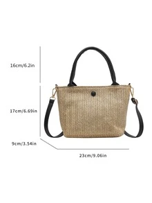 Small Straw Bag Khaki Minimalist Double Handle For Vacation - Khaki - View 3