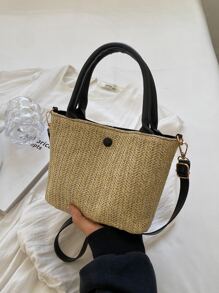 Small Straw Bag Khaki Minimalist Double Handle For Vacation - Khaki - View 5