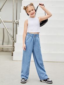 SHEIN Explorewe 少女休闲波西米亚风假日平底阔腿牛仔裤，腰部平坦，口袋设计，日常穿着 - 淺色水洗藍 - 查看 3