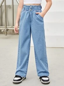 SHEIN Explorewe 少女休闲波西米亚风假日平底阔腿牛仔裤，腰部平坦，口袋设计，日常穿着 - 淺色水洗藍 - 查看 1