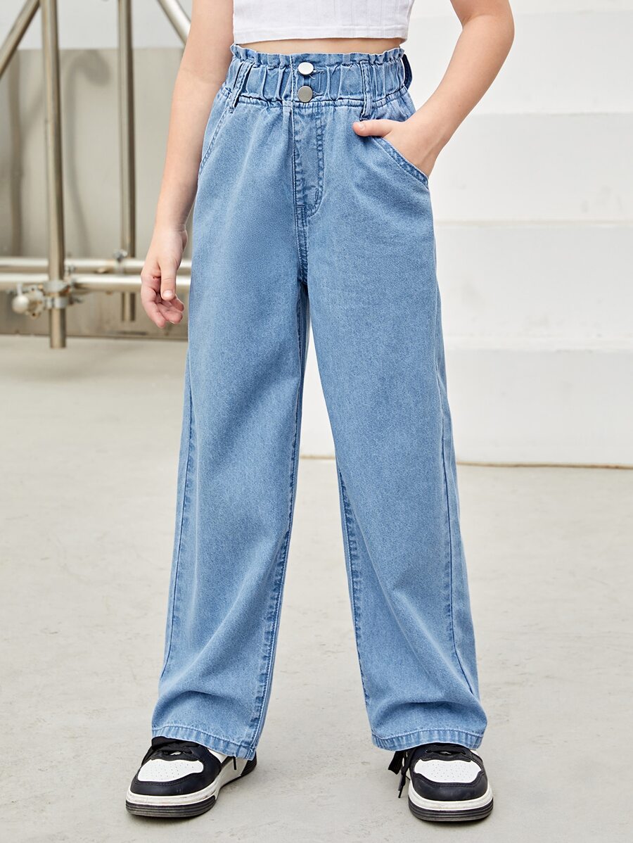 SHEIN Explorewe 少女休闲波西米亚风假日平底阔腿牛仔裤，腰部平坦，口袋设计，日常穿着 - 淺色水洗藍 - 查看 1