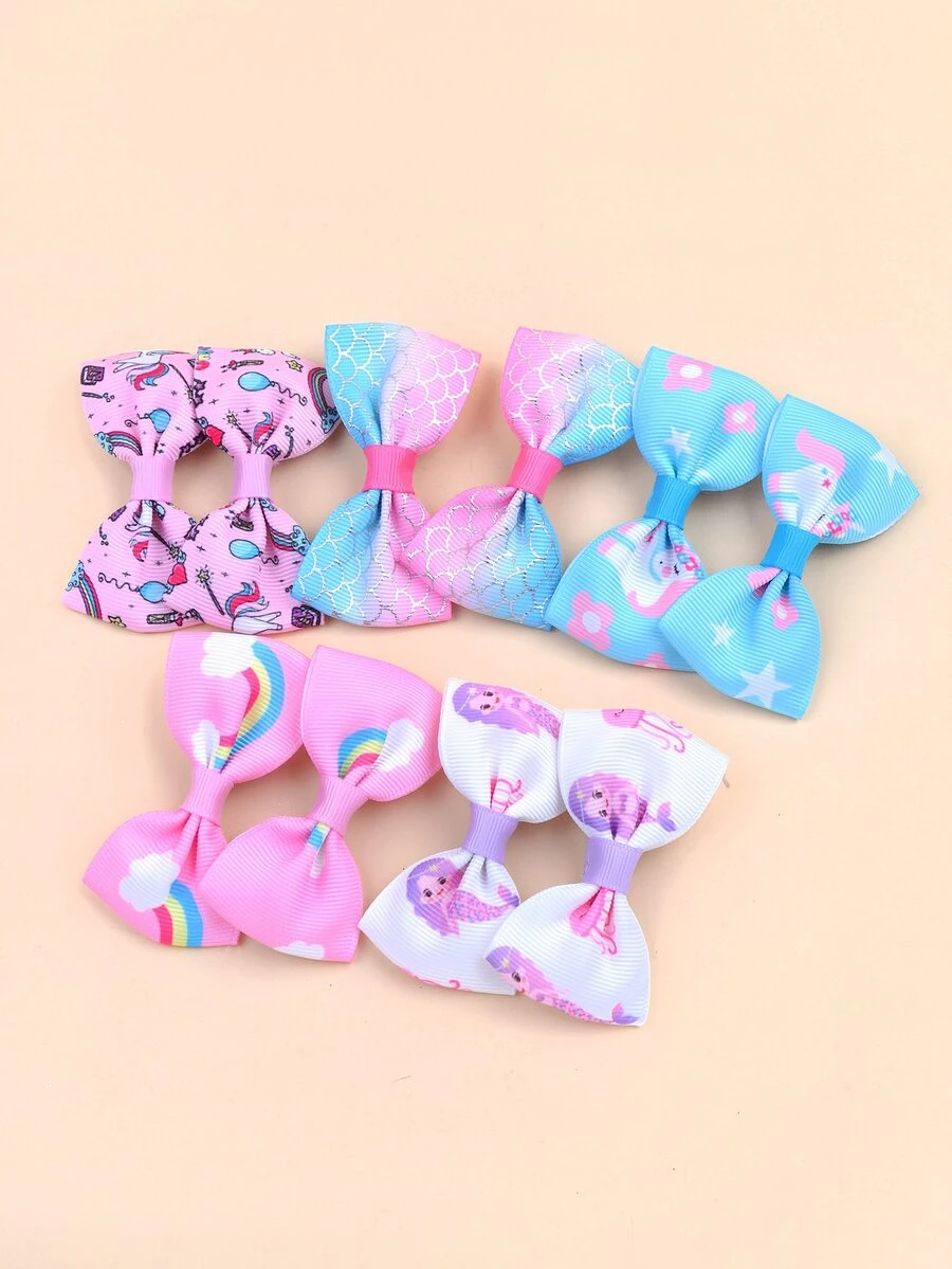 bilicaca 10pcs Toddler Girls Cartoon Unicorn & Mermaid Pattern Bow Decor Cute Alligator Hair Clip For Hair Decoration - Multicolor - View 1