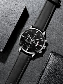 SHAARMS 1入組黑色PU聚氨酯帶時尚日期圓形錶盤石英表和2入組手環,適用於日常生活 - 黑色 - 查看 4