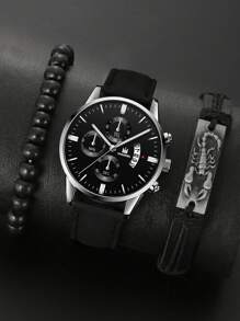 SHAARMS 1入組黑色PU聚氨酯帶時尚日期圓形錶盤石英表和2入組手環,適用於日常生活 - 黑色 - 查看 1