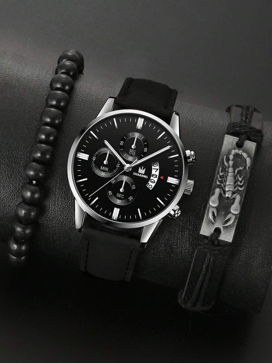 SHAARMS 1入組黑色PU聚氨酯帶時尚日期圓形錶盤石英表和2入組手環,適用於日常生活 - 黑色 - 查看 1