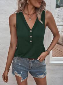 SHEIN LUNE 半排扣背心上衣 - 墨綠色 - 查看 1
