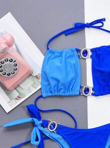 Swim SXY Summer Beach Color Block Halter Tie Side Bikini Set - Blue - View 3