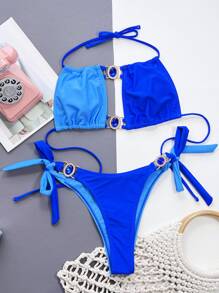 Swim SXY Summer Beach Color Block Halter Tie Side Bikini Set - Blue - View 4