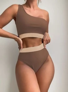Bộ Bikini Hai Tông Màu Tương Phản Viền Một Vai Áo Ngực Không Dây & Cao Cấp Bikini 2 Mảnh Bikini Đi Biển Mùa Hè - Cà phê nâu - Xem 7