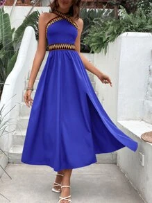 SHEIN VCAY Contrast Trim Split Thigh Halter Neck Dress - Blue - View 1