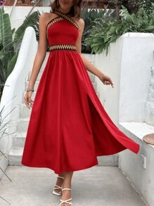 SHEIN VCAY Contrast Chevron Tape Split Thigh Dress - Red - View 1