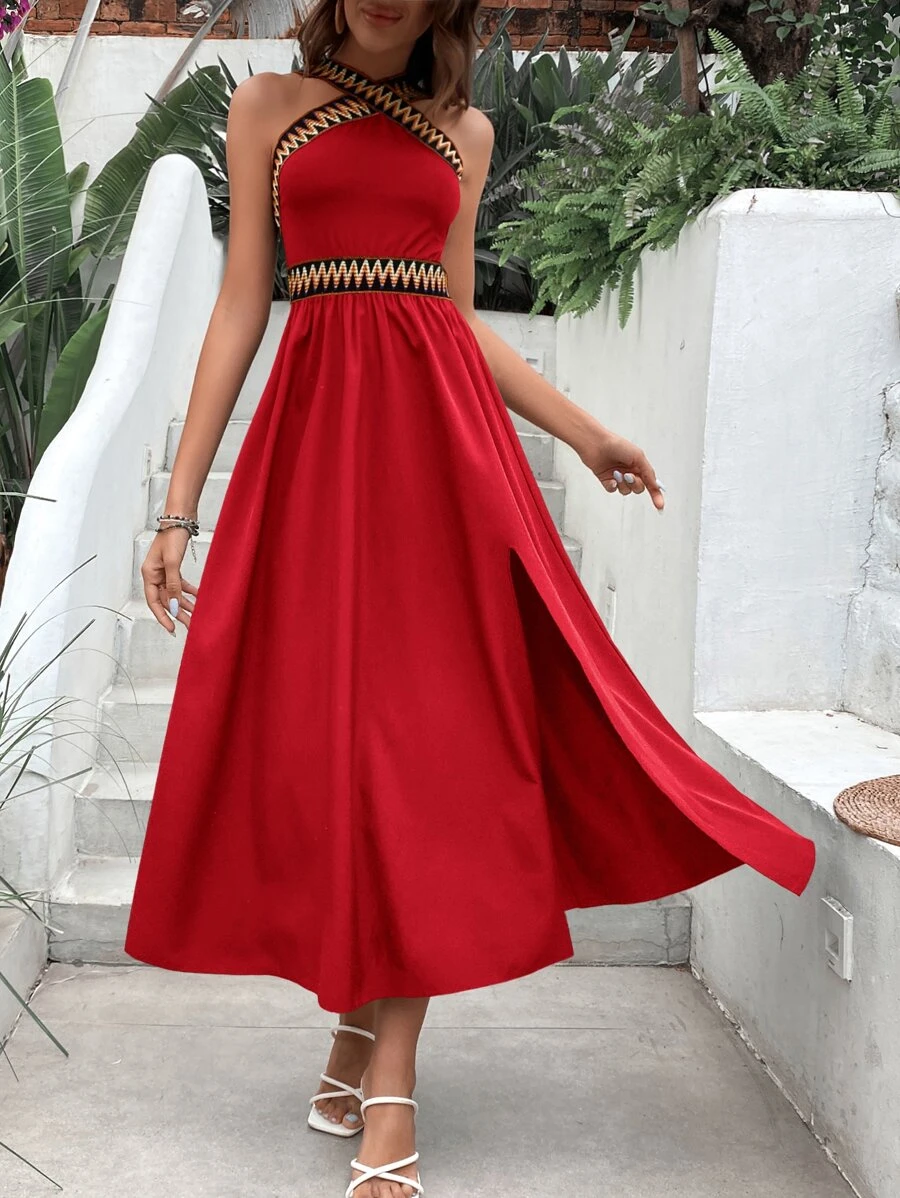 SHEIN VCAY Contrast Chevron Tape Split Thigh Dress - Red - View 1