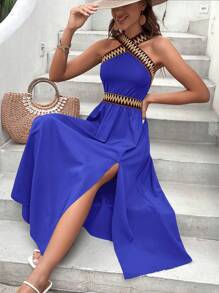 SHEIN VCAY Contrast Trim Split Thigh Halter Neck Dress - Blue - View 6