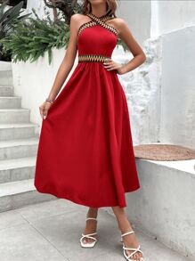 SHEIN VCAY Contrast Chevron Tape Split Thigh Dress - Red - View 3