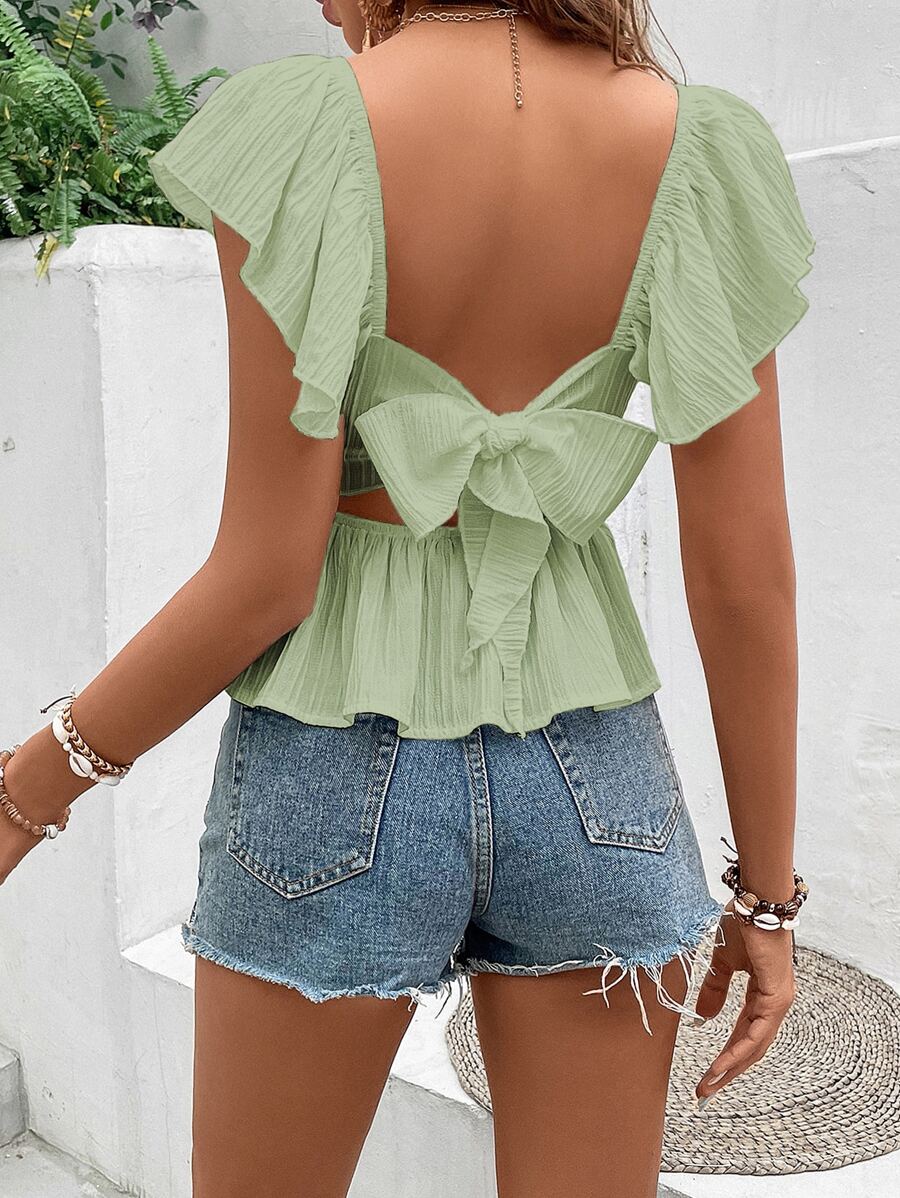SHEIN VCAY Tie Backless Ruffle Trim Peplum Blouse - Mint Green - View 1