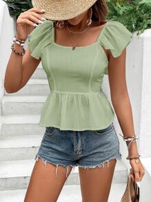 SHEIN VCAY Tie Backless Ruffle Trim Peplum Blouse - Mint Green - View 2