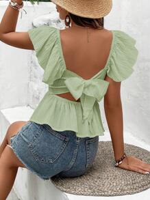 SHEIN VCAY Tie Backless Ruffle Trim Peplum Blouse - Mint Green - View 3