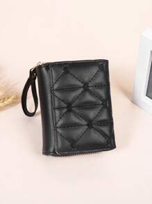 心形图案小钱包缝线细节带拉链日常 PU 皮革便携式身份证信用卡简约时尚现代商务周年纪念情人节生日礼物礼物情侣女士女孩女士 - 黑色 - 查看 2