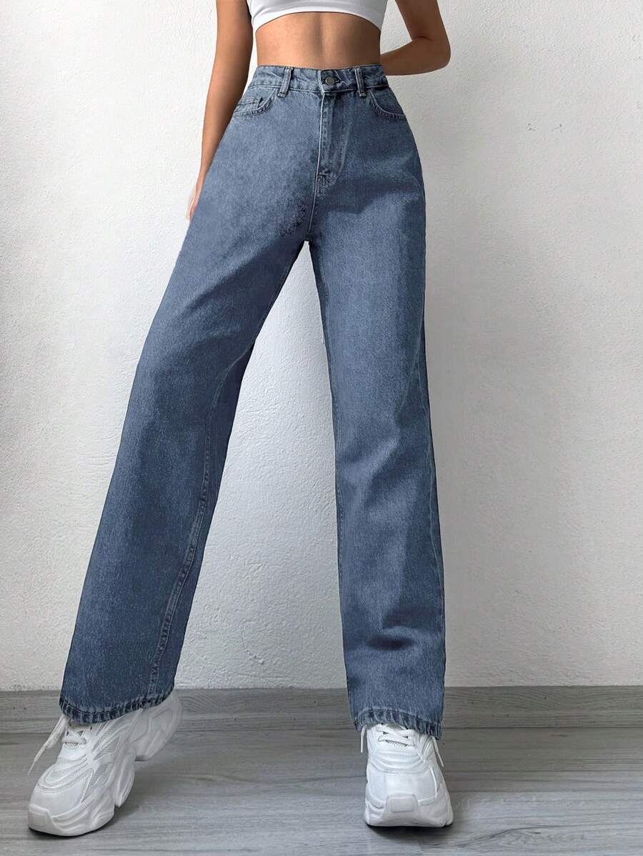 SHEIN PETITE High Waist Straight Leg Jeans - Medium Wash - View 1
