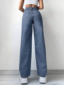 SHEIN PETITE High Waist Straight Leg Jeans - Medium Wash - View 2