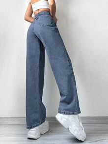 SHEIN PETITE High Waist Straight Leg Jeans - Medium Wash - View 3